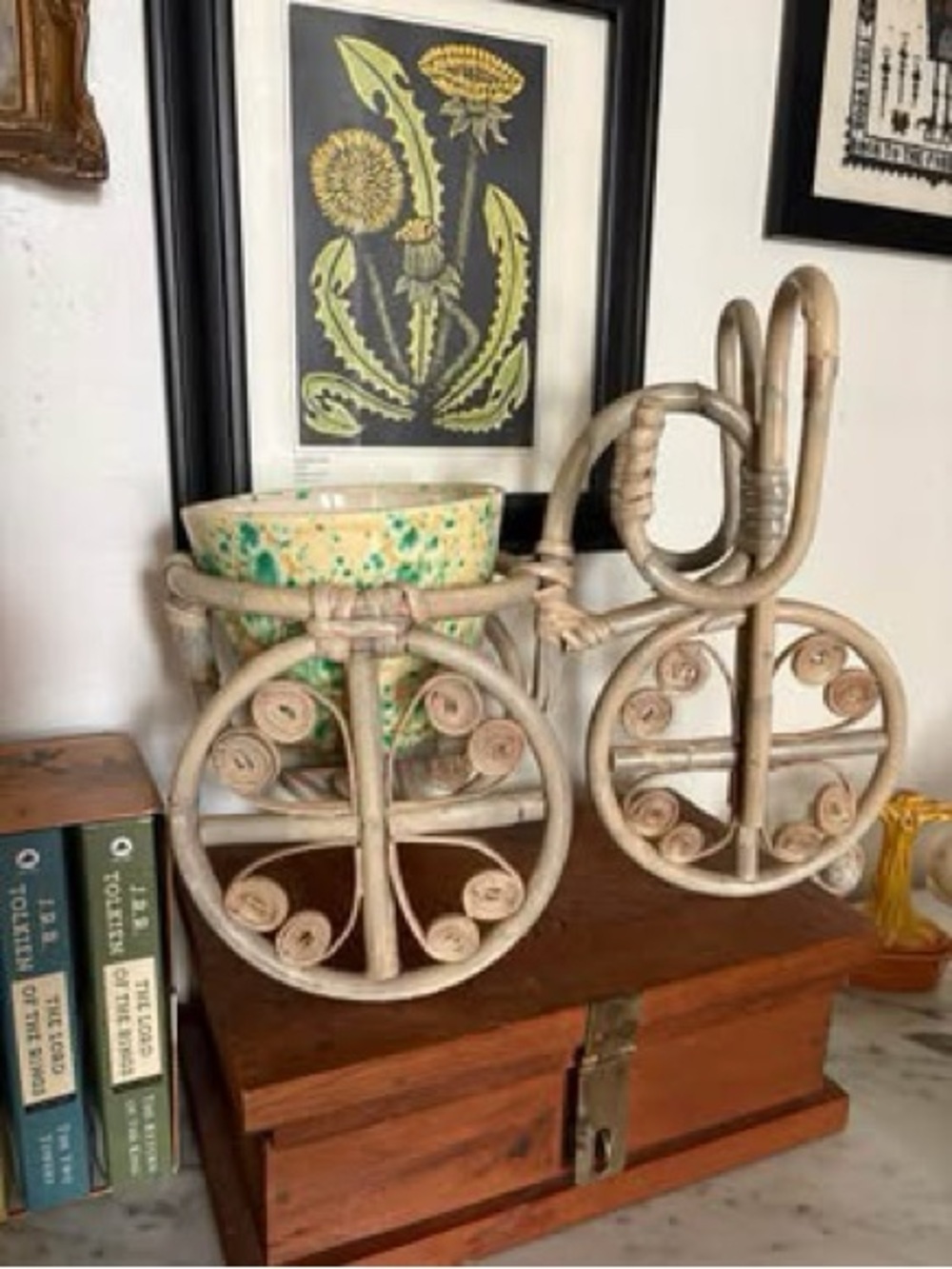 Vintage Rattan Wicker Tricycle Plant Stand - Cream